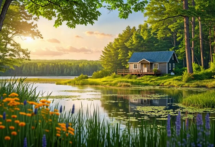 A peaceful landscape of the Acadian Peninsula featuring lush forests, vibrant marshlands, and the serene coastline. A small rustic cabin is nestled within, representing accommodations for herbal retreats, emphasizing the natural beauty and diversity of the region.