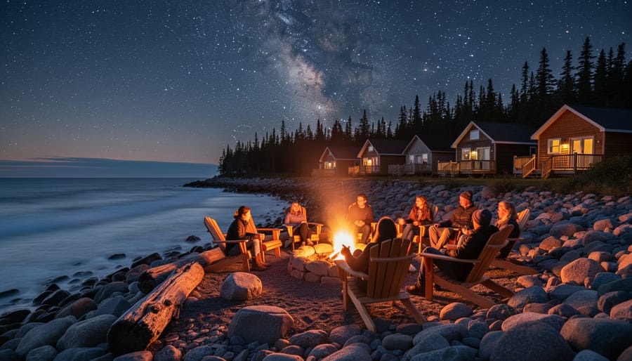 Wooden cabin with glowing fire pit at dusk on Acadian Peninsula coastline