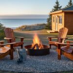 Metal fire ring on a gravel pad with water bucket and shovel, Adirondack chairs, and a wooden cabin set back near spruce and dunes along the Northumberland Strait at golden hour.
