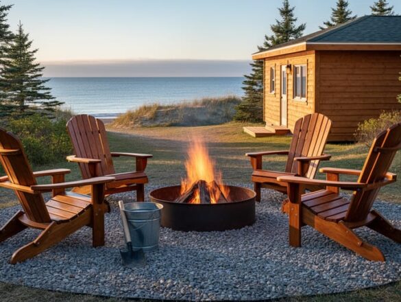 Metal fire ring on a gravel pad with water bucket and shovel, Adirondack chairs, and a wooden cabin set back near spruce and dunes along the Northumberland Strait at golden hour.