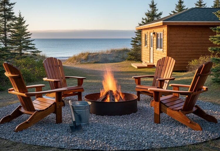 Metal fire ring on a gravel pad with water bucket and shovel, Adirondack chairs, and a wooden cabin set back near spruce and dunes along the Northumberland Strait at golden hour.